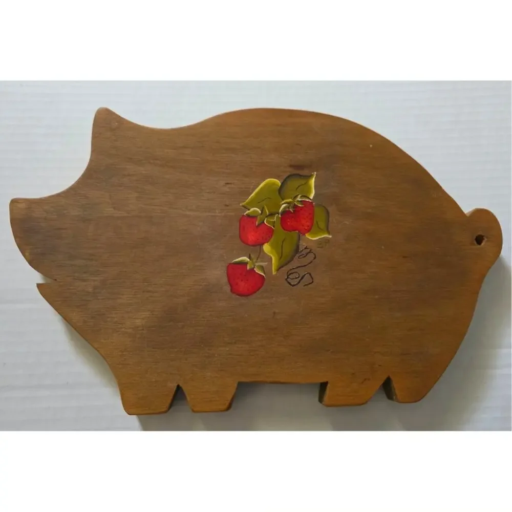 Hand Painted Wooden Pig Wall Decor Folk Art Farmhouse Country Hanging Plaque